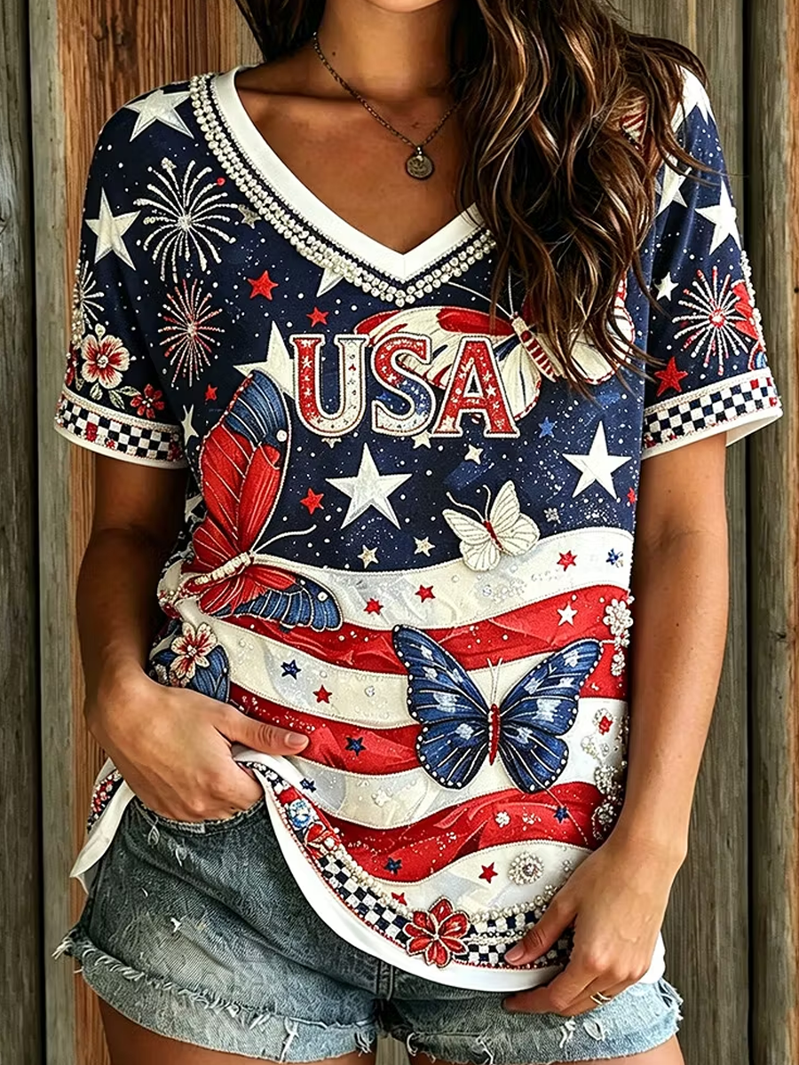 Vintage Patriotic Shirt for Women, USA Butterfly And Flag Artwork, Independence Day Shirt