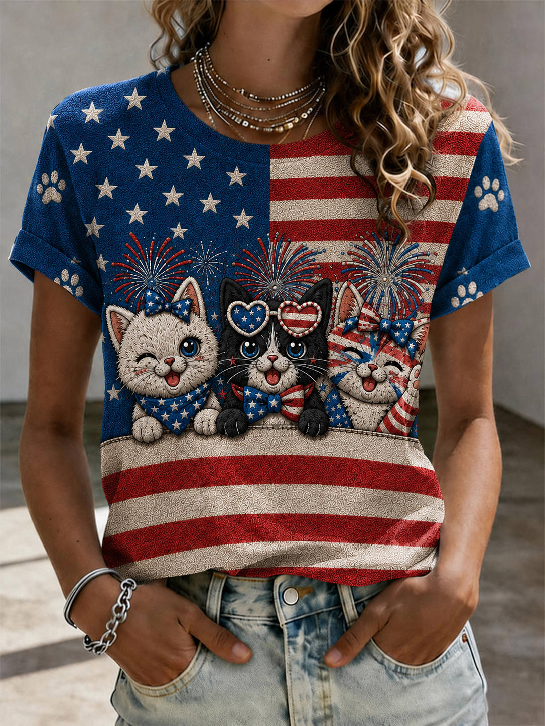 American Flag Cat Shirt for Women, Cute Patriotic Cat Design, Independence Day Shirt