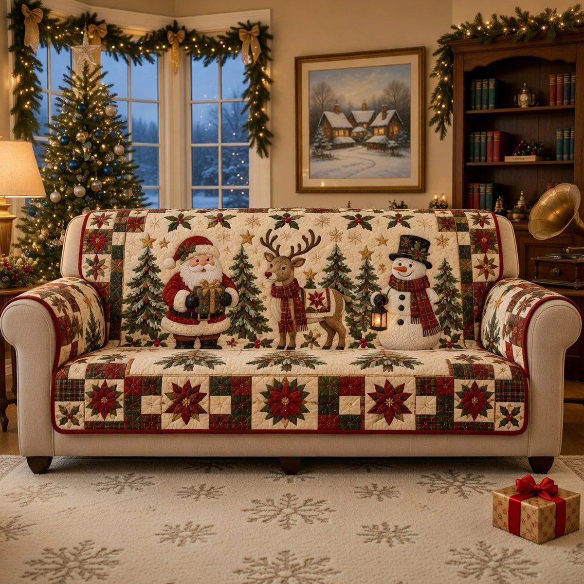 Santa Reindeer Snowman Quilt Blanket, Christmas Gift For Mom, Holiday Home Decor