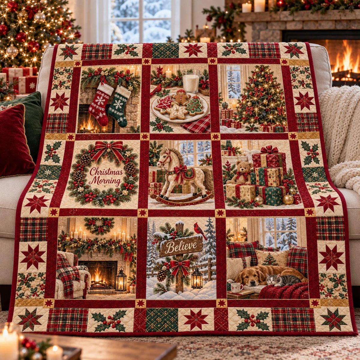 Christmas Morning Patchwork Quilt Blanket, Holiday Bedding, Christmas Gift For Mom