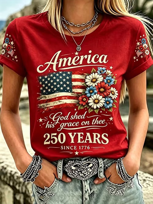 America 250 Years Flower Red 1776–2026 USA Shirt, 4th Of July Shirt, Patriotic Womens Tee