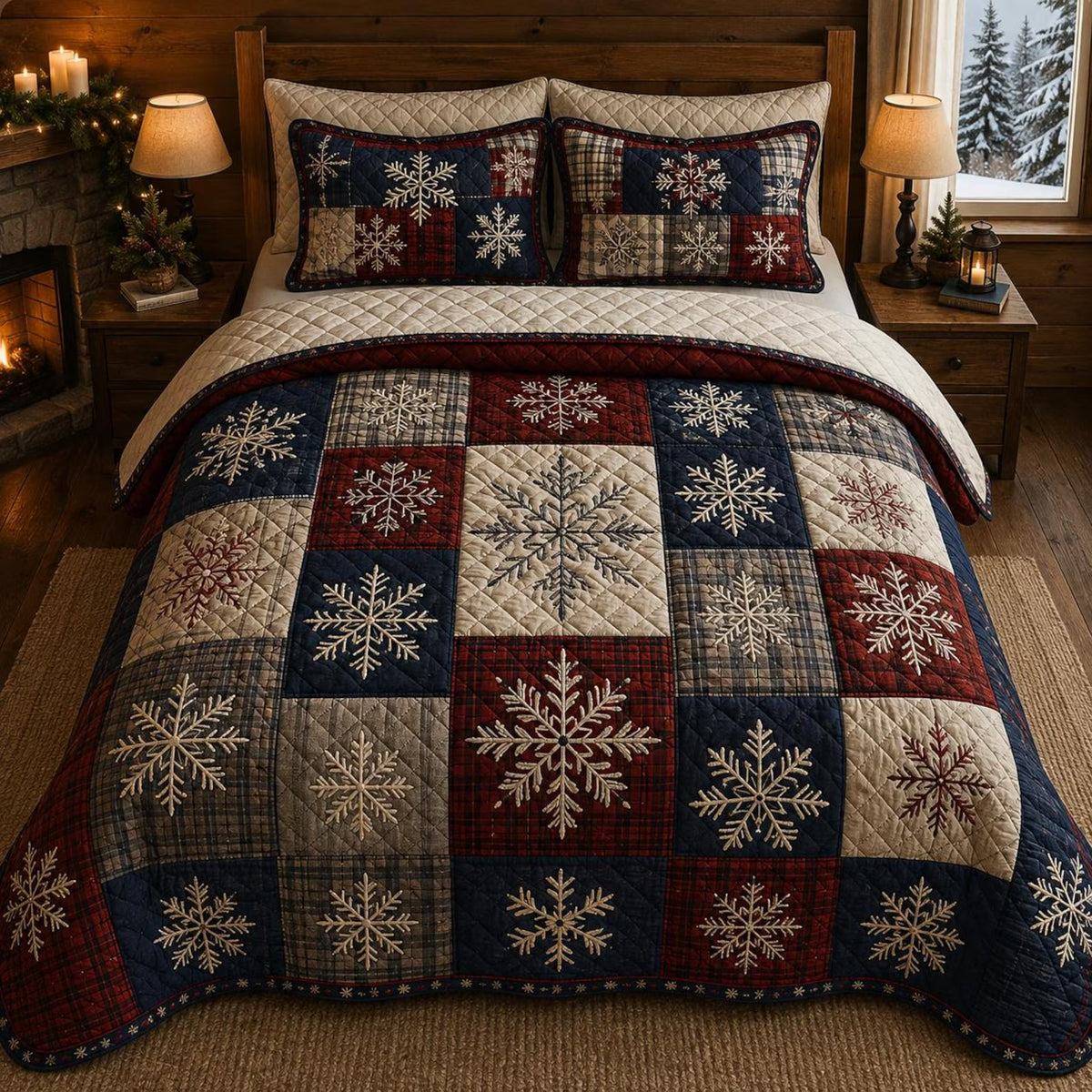Snowflake Patchwork Quilted Bedding Set, Christmas Bedding, Holiday Gift For Family