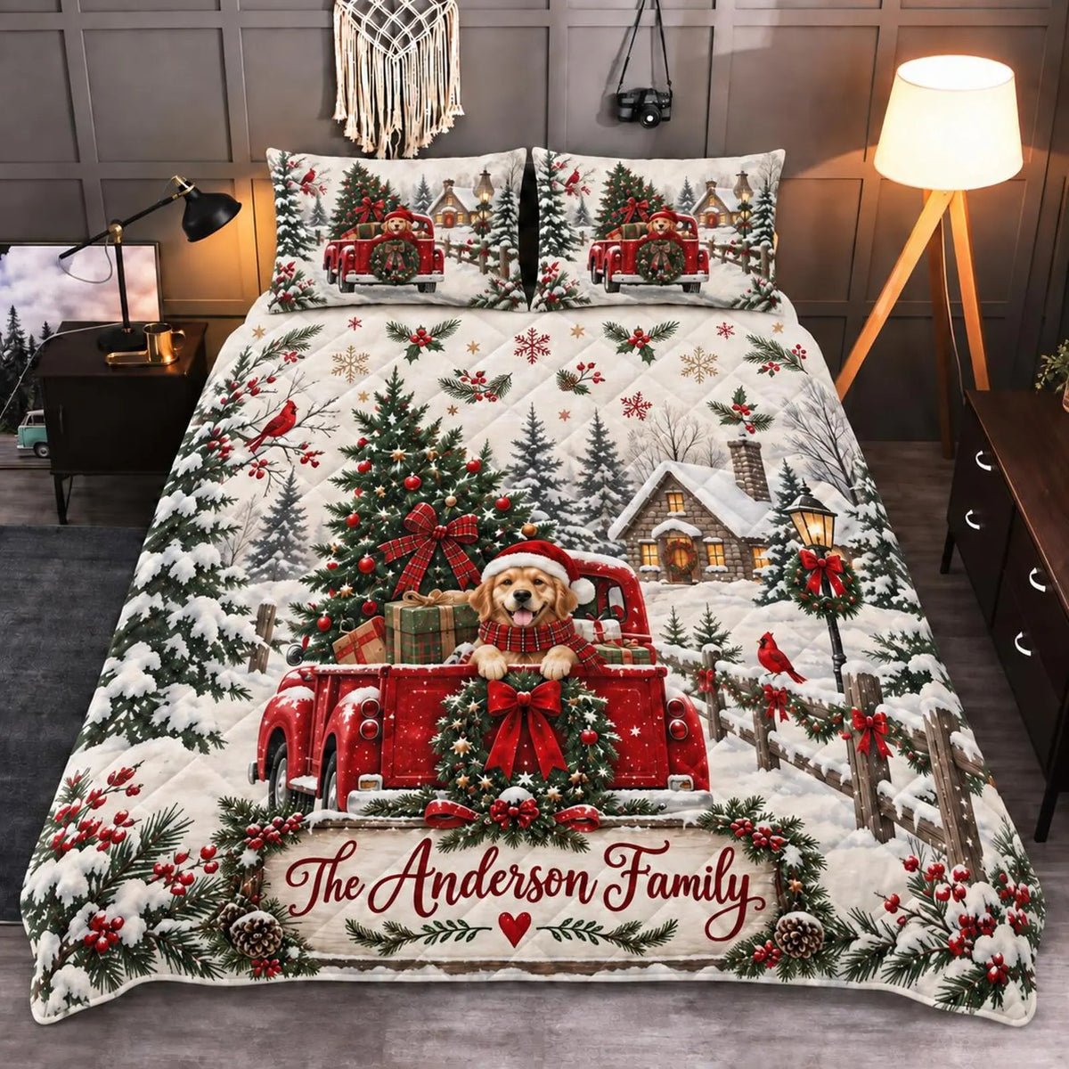 Personalized Golden Retriever Quilted Bedding Set, Christmas Gift, Holiday Bedding