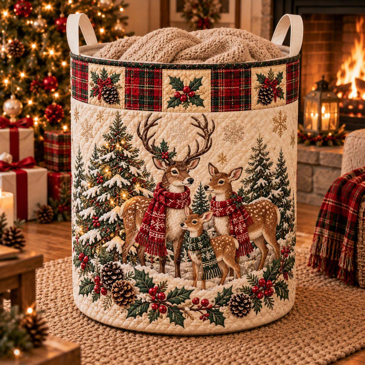Christmas Reindeer Snowy Forest Laundry Basket, Laundry Storage Basket, Holiday Gift