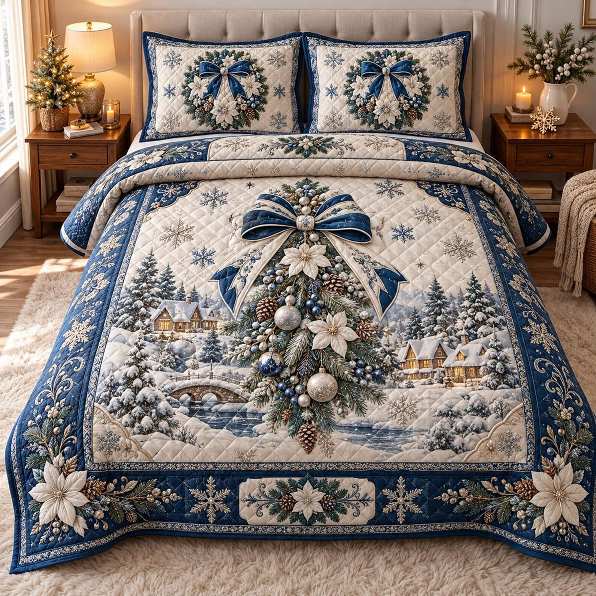 Blue Christmas Bow Quilted Bedding Set, Christmas Bedding, Holiday Gift For Mom