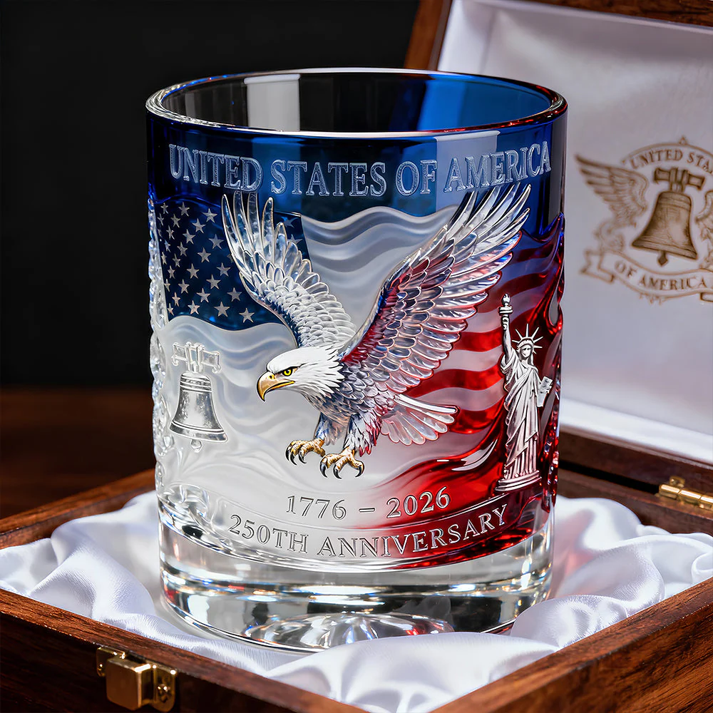 250th Anniversary Bald Eagle American flag Personalized Whiskey Glass, 4th Of July Gift