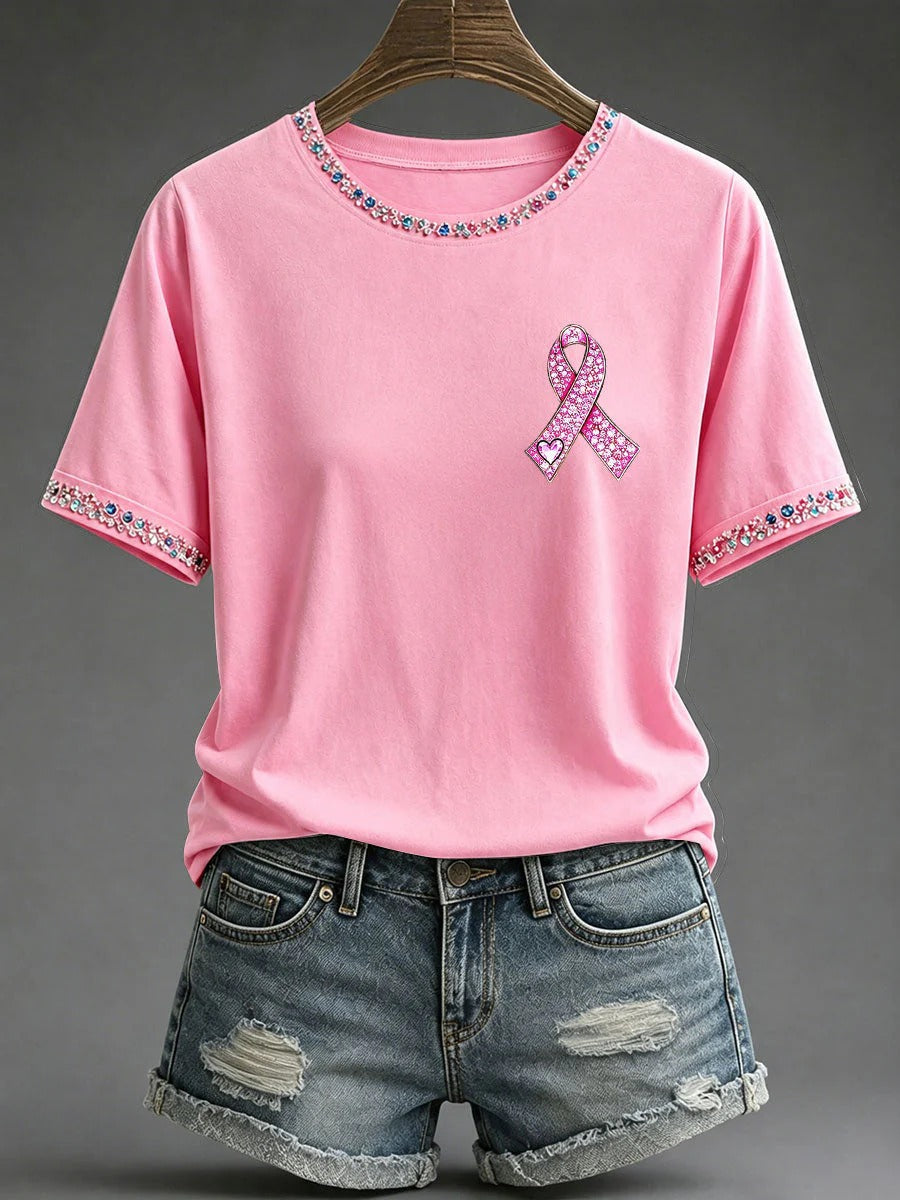Pink Gemstone Heart Ribbon T-Shirt, Pink Ribbon Shirt, Breast Cancer Awareness Month Shirt