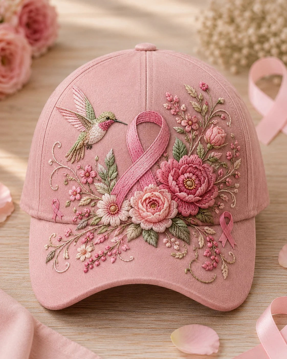 In October We Wear Pink Floral Pink Ribbon Support Cap, Breast Cancer Awareness Gift