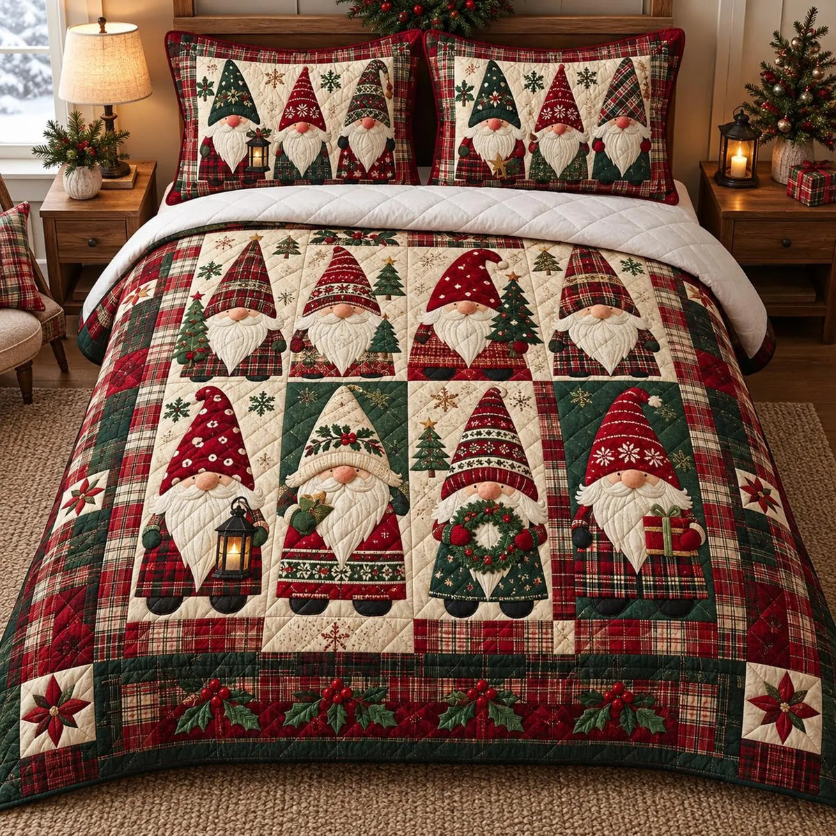 Christmas Gnome Quilted Bedding Set, Christmas Bedding, Holiday Gift For Mom