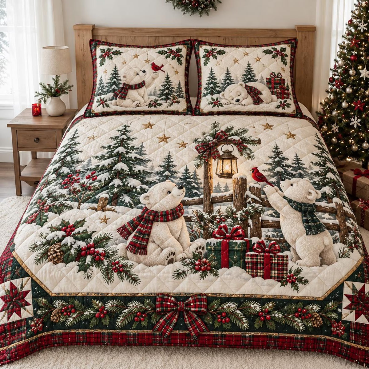 Polar Bear Christmas Quilted Bedding Set, Christmas Home Decor, Holiday Gift For Mom