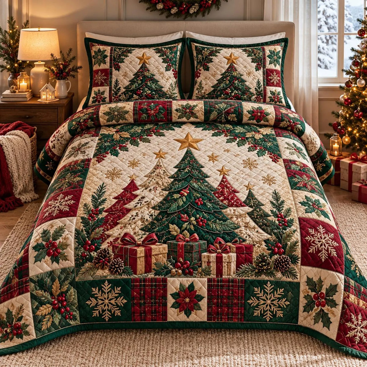 Christmas Tree Quilted Bedding Set, Holiday Home Decor, Christmas Gift For Mom