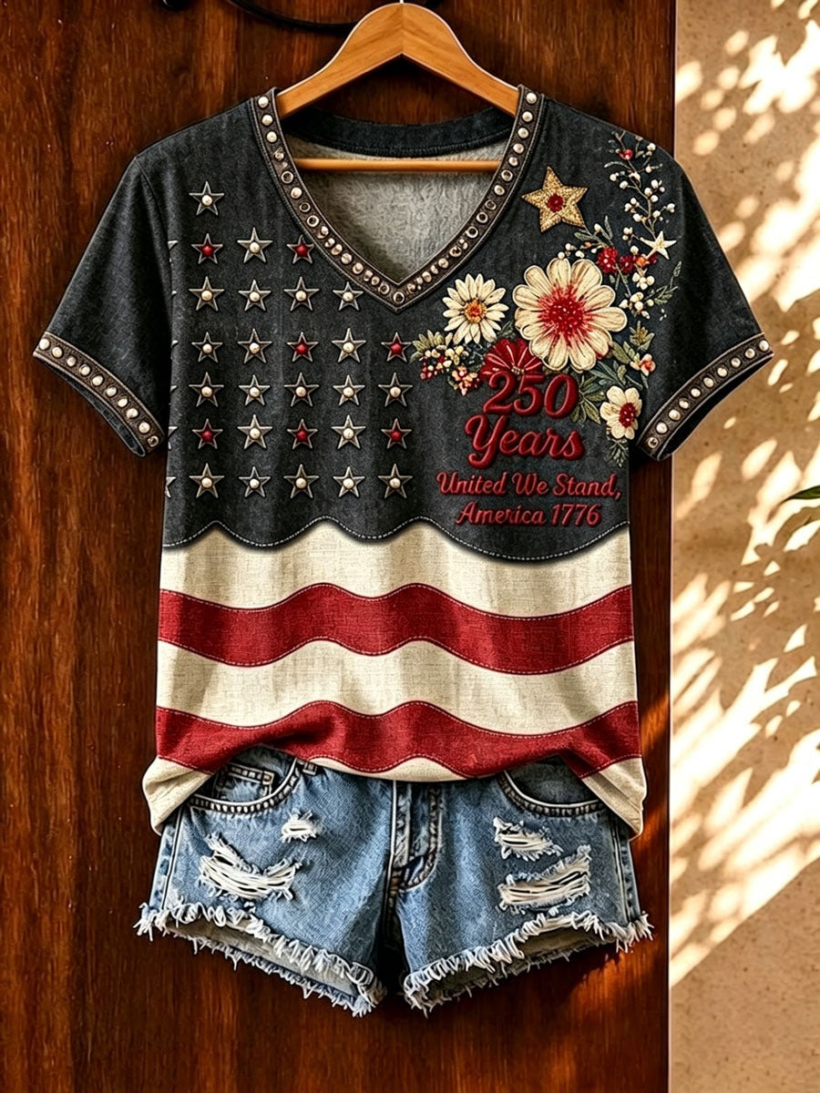 Vintage America 250 Shirt for Women, Patriotic Floral Embroidered Design, 4th Of July Shirt