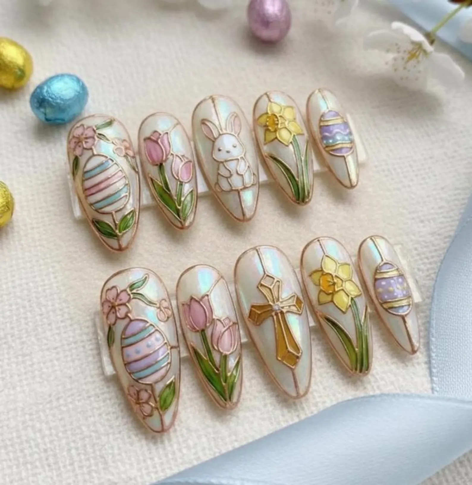 Spring Easter Egg Press On Nails, Pastel Bunny Spring Nail Art Set, 3D Gold Chrome Easter Nail