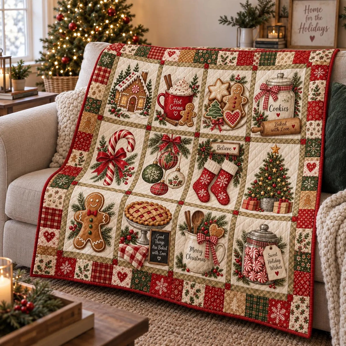 Gingerbread Christmas Quilt Blanket, Holiday Gift For Mom, Christmas Home Decor