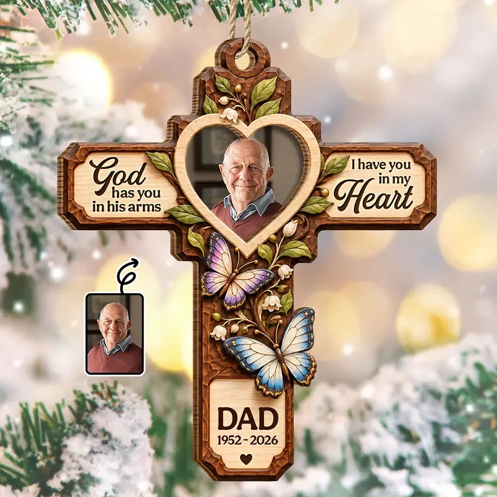 Personalized Custom Photo God Has You In His Arms Wooden Ornament, Memorial Christmas Ornament