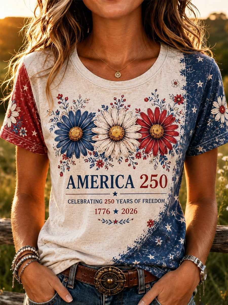 USA 250 Years Of Freedom Flowers Shirt, 4th Of July Shirt, Patriotic Women Tee