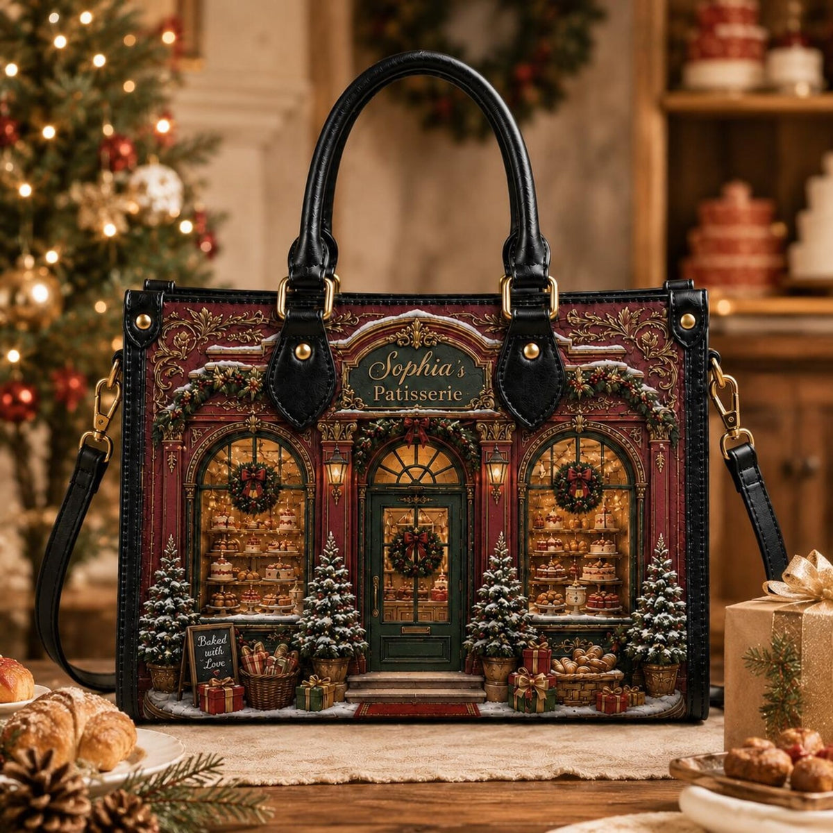 Personalized Christmas Patisserie Leather Handbag, Holiday Purse, Gift For Women