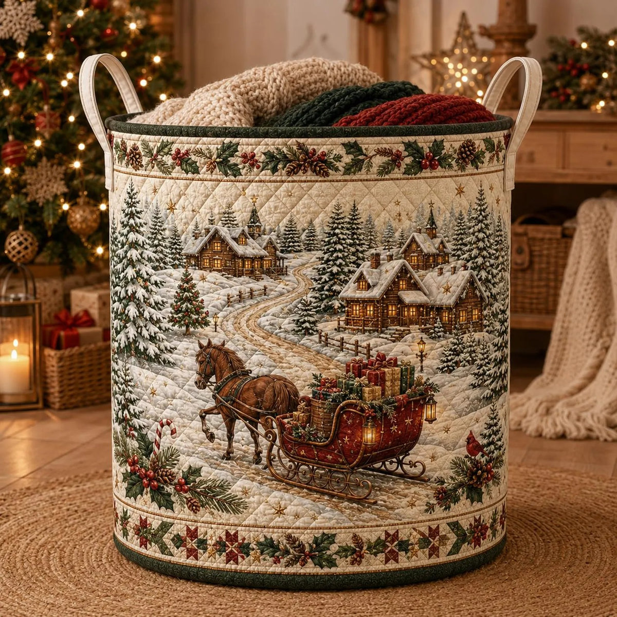 Christmas Sleigh Village Laundry Basket, Laundry Hamper, Holiday Gift For Mom