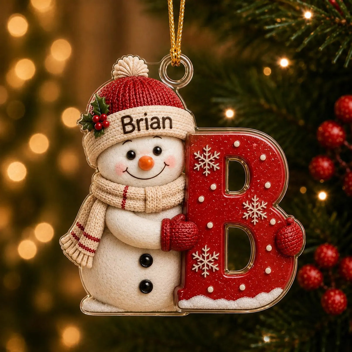 Custom Name And Initial Snowman Ornament, Personalized Acrylic Christmas Ornament Gift