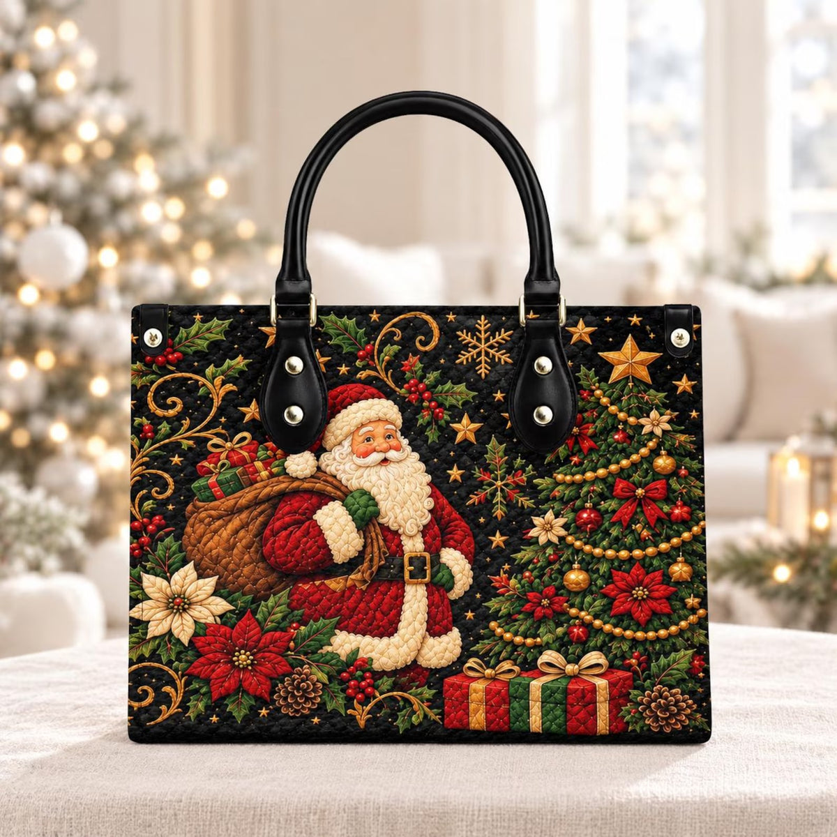 Personalized Santa Reindeer Leather Handbag, Christmas Purse, Gift For Her