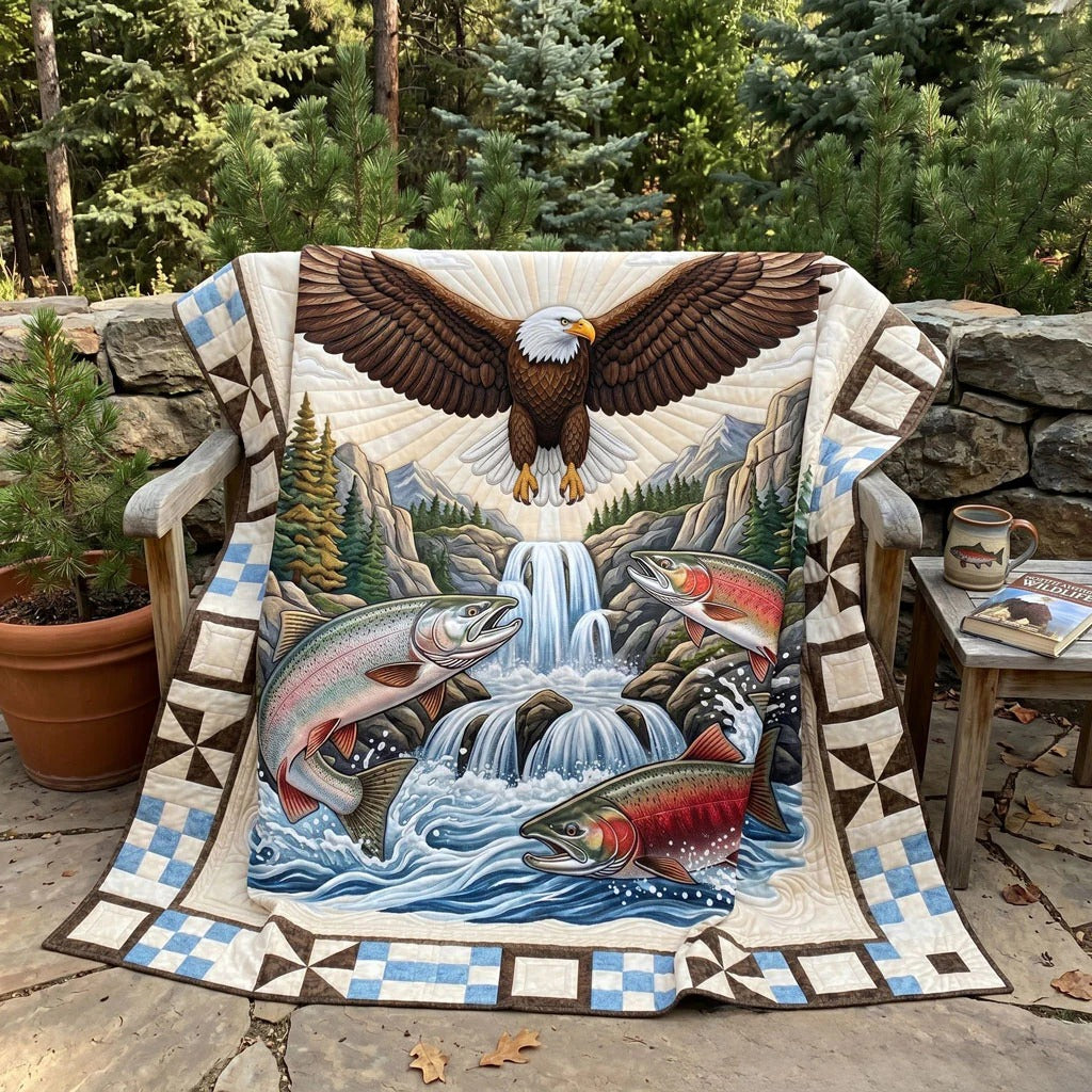 Eagle And Salmon Cascade Quilted Blanket, Christian Blanket, Christian Gift