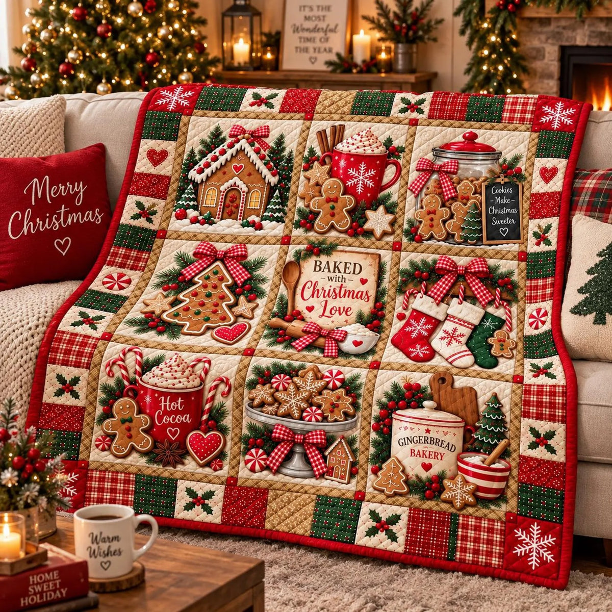 Gingerbread Bakery Quilt Blanket, Holiday Home Decor, Christmas Gift For Family