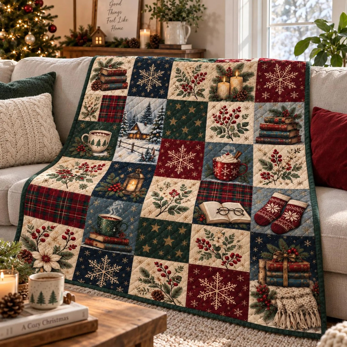 Cozy Winter Patchwork Quilt Blanket, Christmas Quilt Gift, Holiday Home Decor