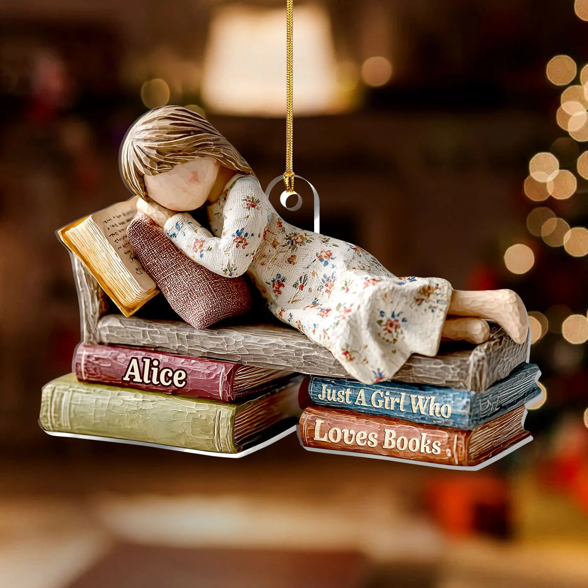 Just A Girl Who Loves Books Sleeping On Book Acrylic Ornament, Book Lover Ornament, Christmas Book Ornament