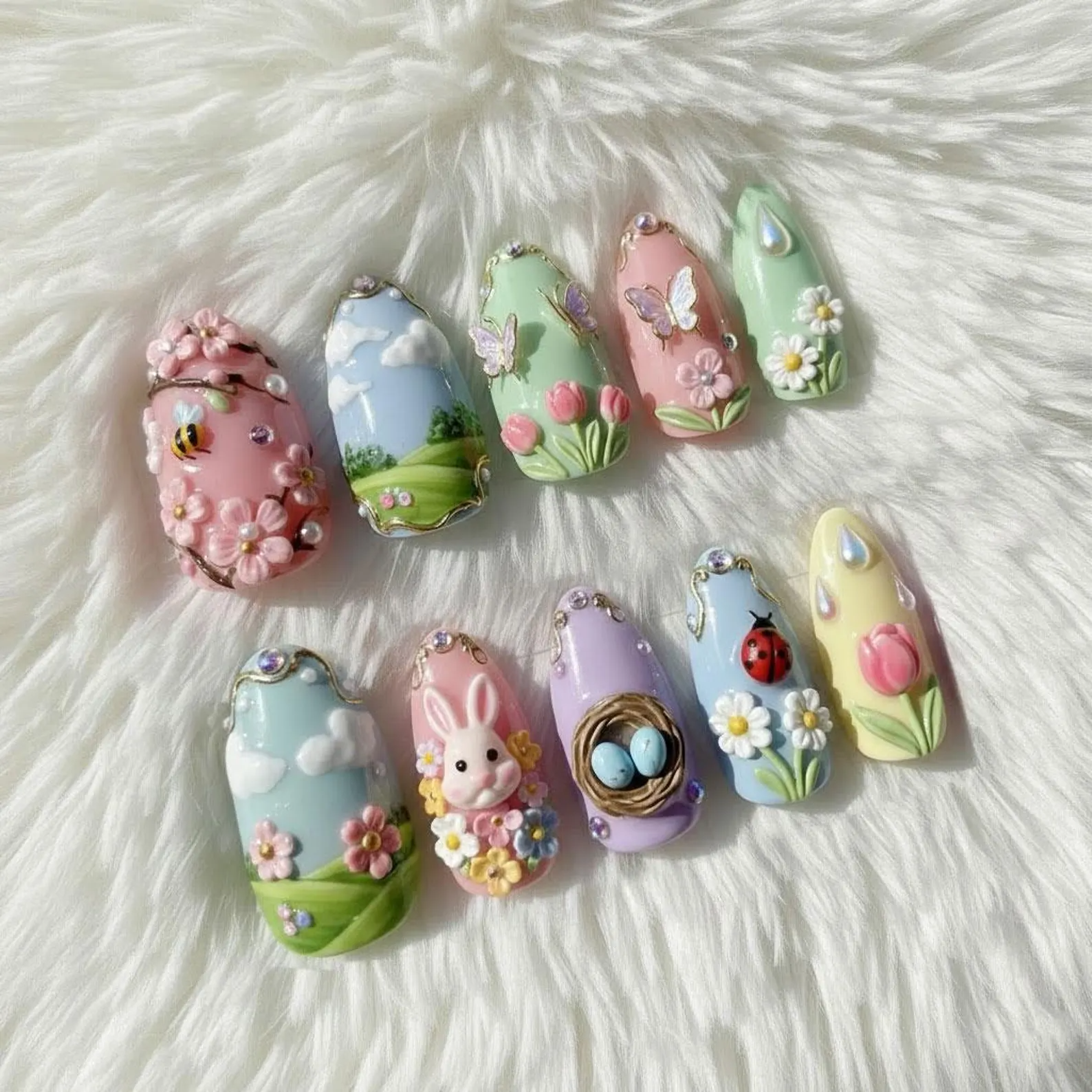 Easter Spring Garden Press On Nails, 3D Bunny Egg Floral Reusable Press On Nails, Easter Day Nails