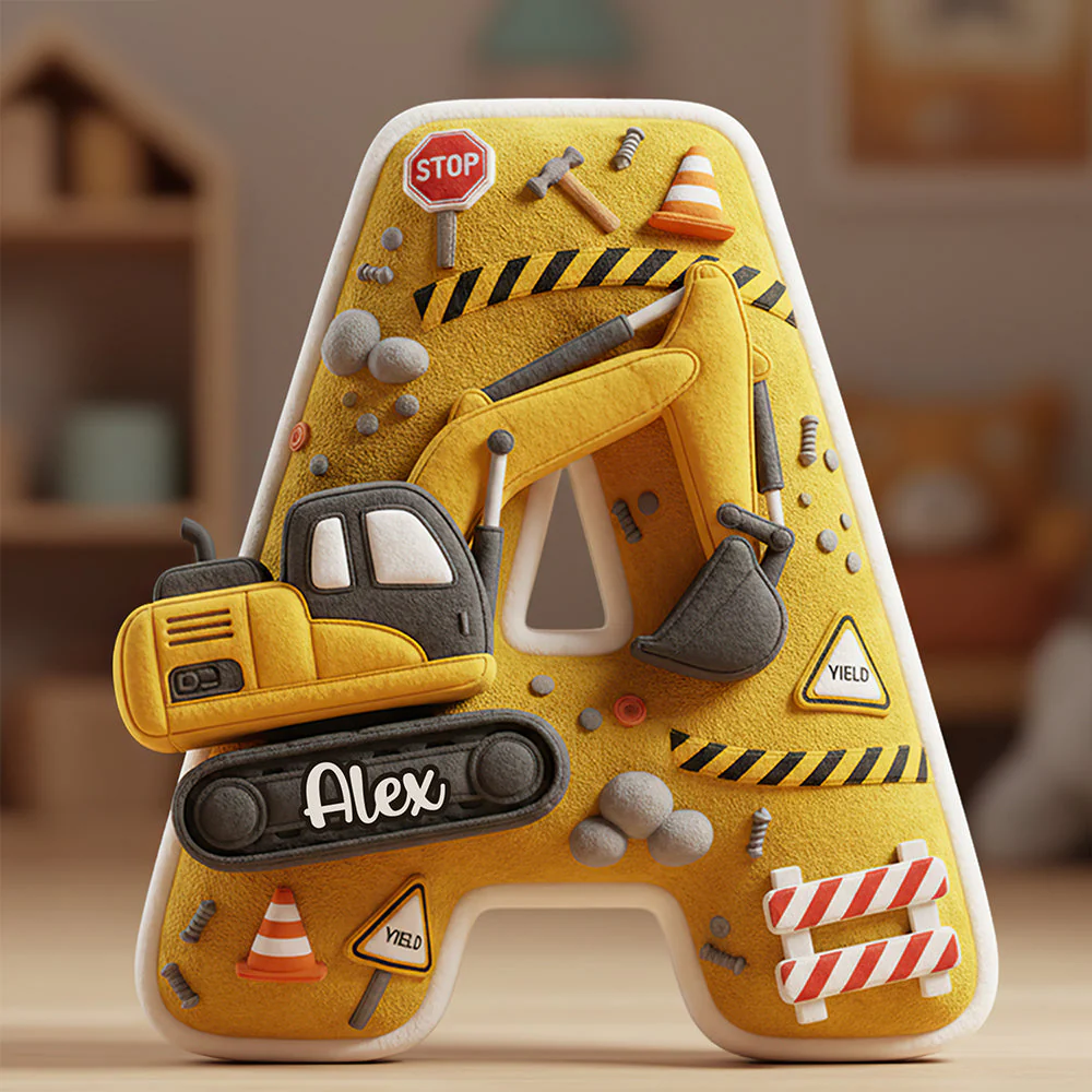 Excavator Alphabet Pillow, Custom Shaped Pillow, Gifts For Construction Workers