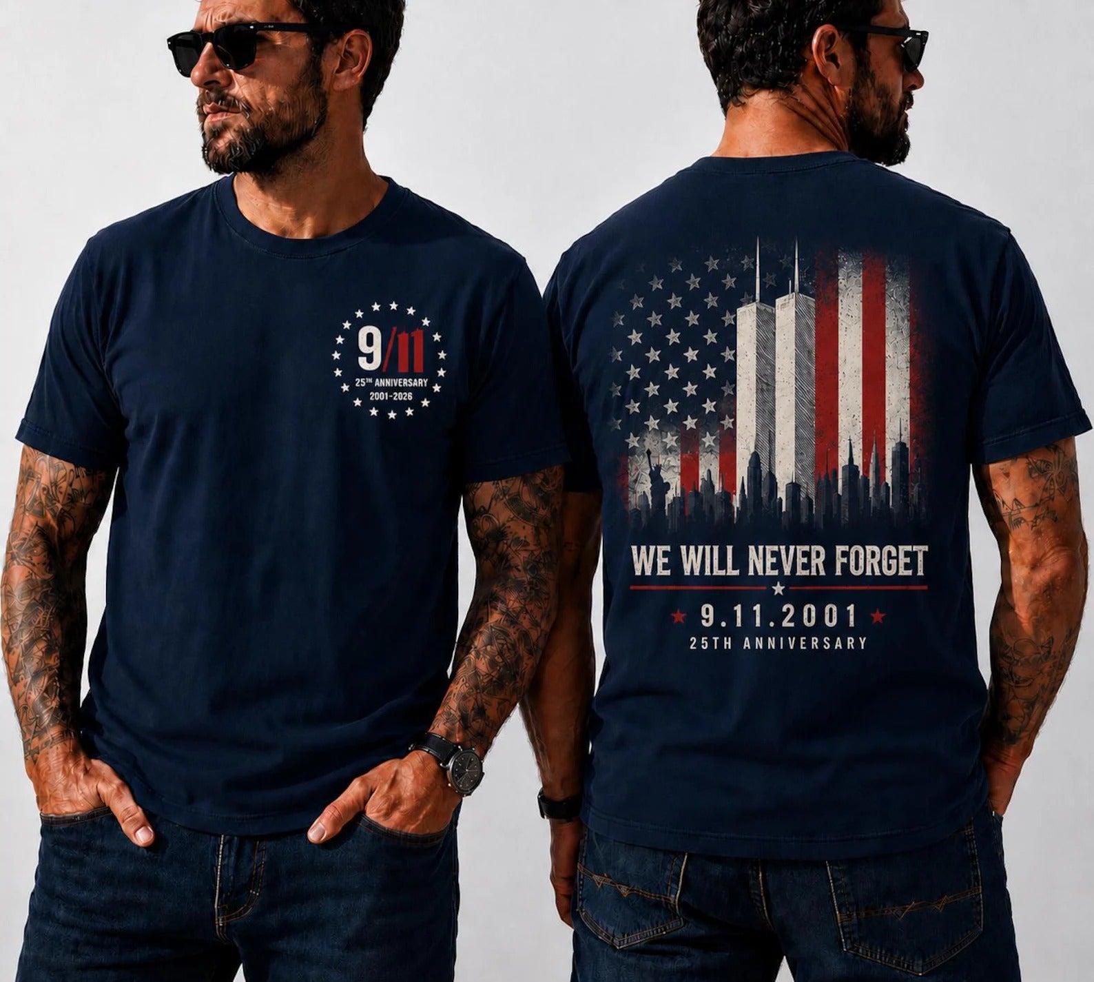 We Will Never Forget 9/11 Twin Towers Shirt, Memorial Shirt For Men, Patriotic T-Shirt