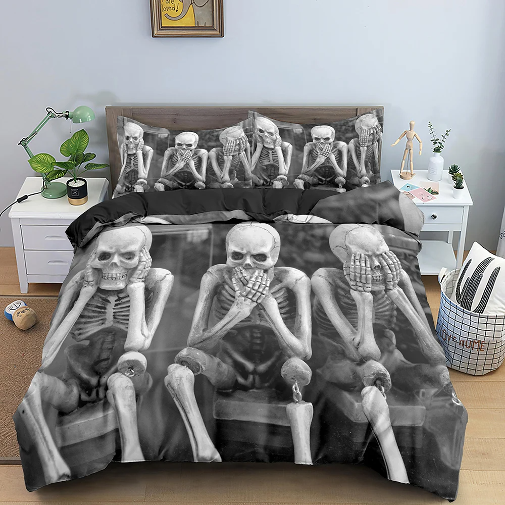 No Hear No Speak No See Quilt Bed Set, Skull Bedding Set, Couple Bedding Set, Couple Valentine Gift