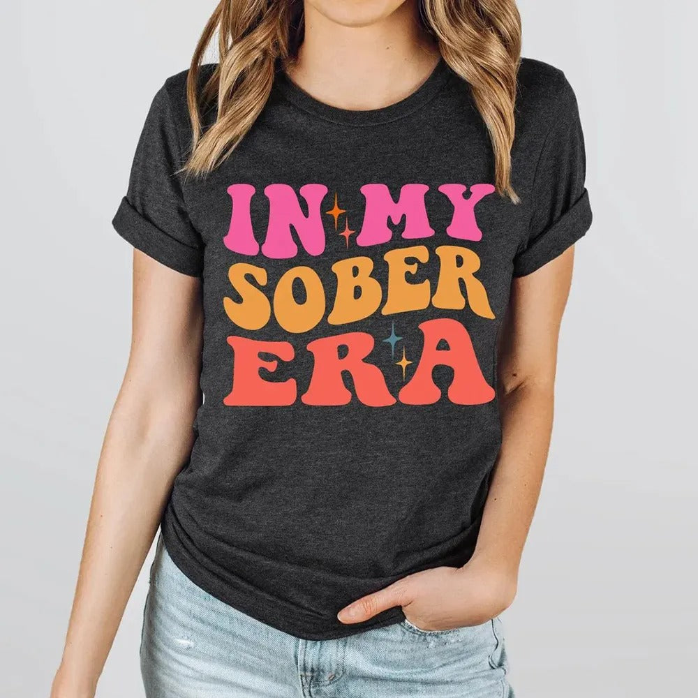 In My Sober Era Retro Colorful Letter T-Shirt, Sobriety Shirt, Women’s Graphic Tee