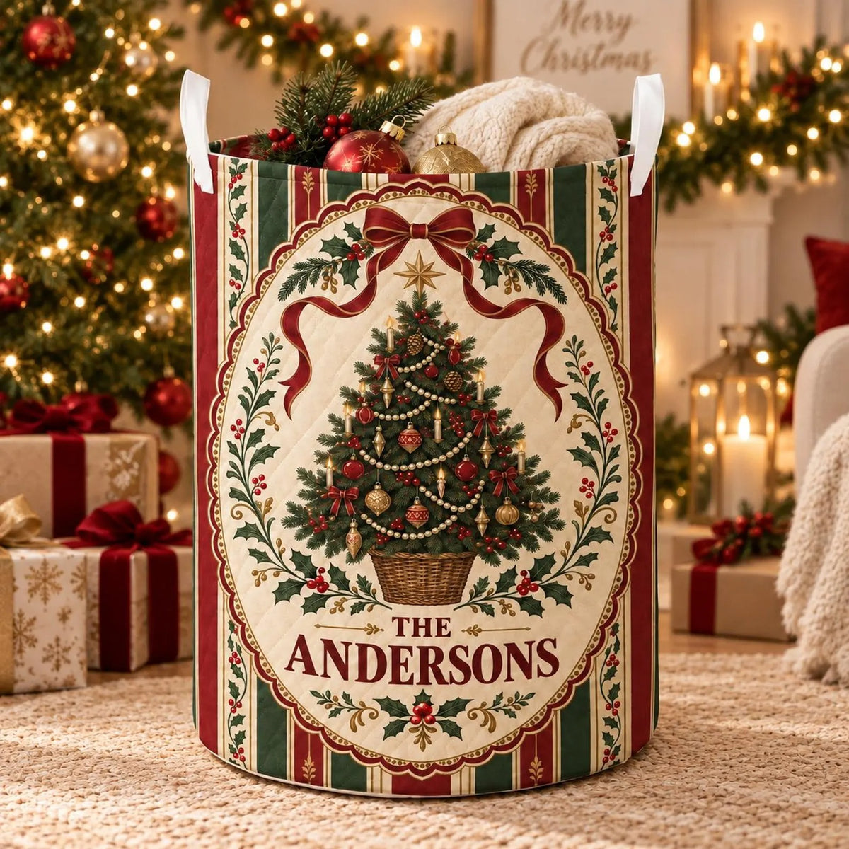 Custom Christmas Tree Family Name Laundry Basket, Laundry Hamper, Gift For Mom