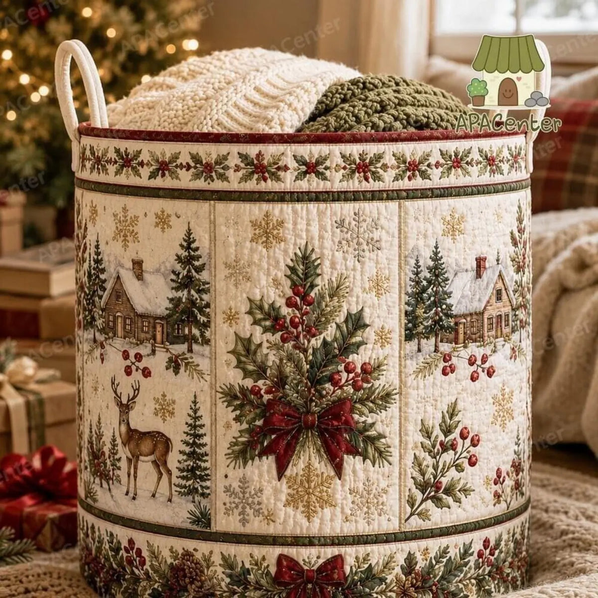 Christmas Deer Snowy Cottage Laundry Basket, Laundry Hamper, Gift For Grandma