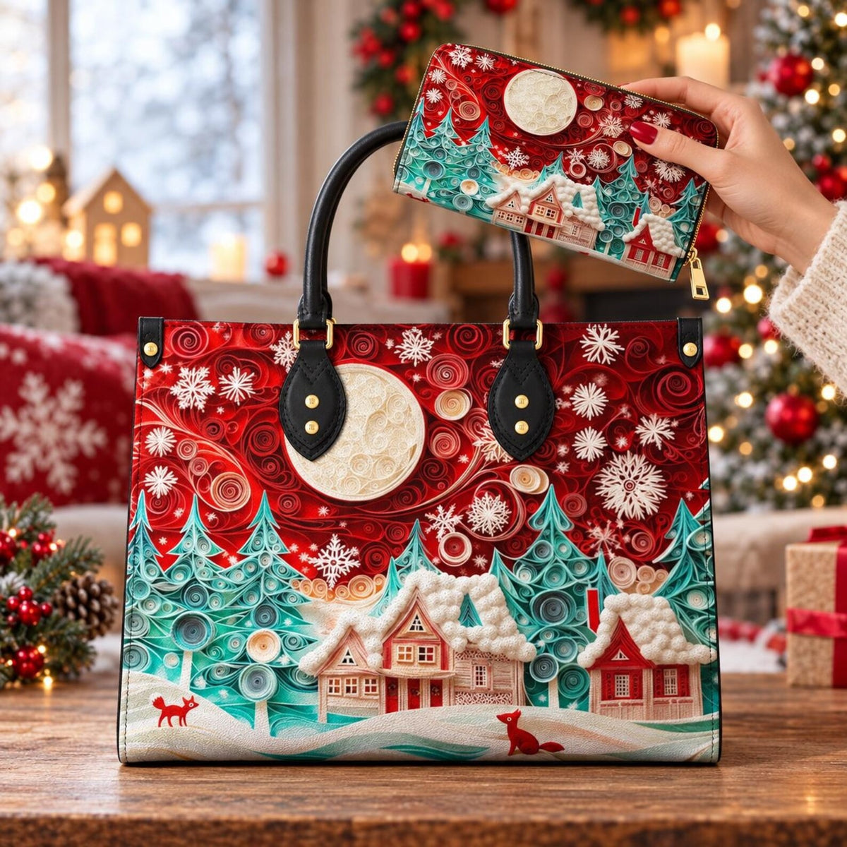 Christmas Winter Village Leather Handbag, Leather Purse, Gift For Women