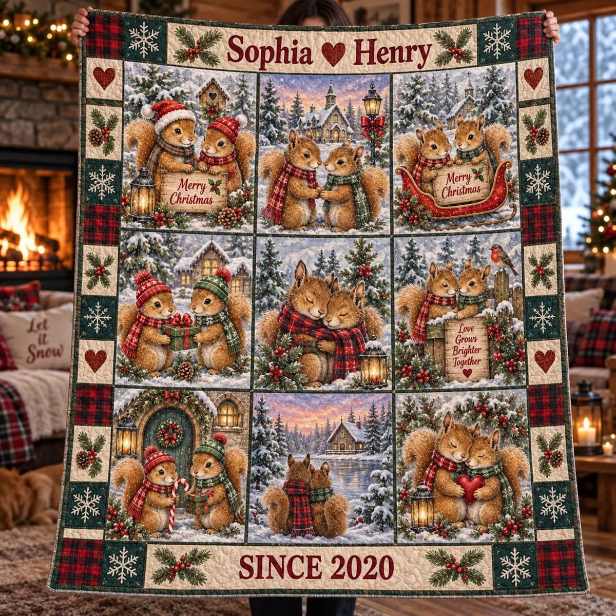 Personalized Christmas Squirrel Quilt Blanket, Gift For Couple, Holiday Home Decor