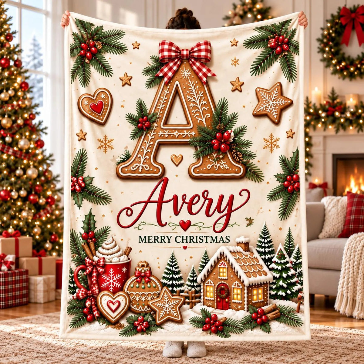 Custom Name Gingerbread Quilt Blanket, Christmas Quilt Gift, Holiday Home Decor