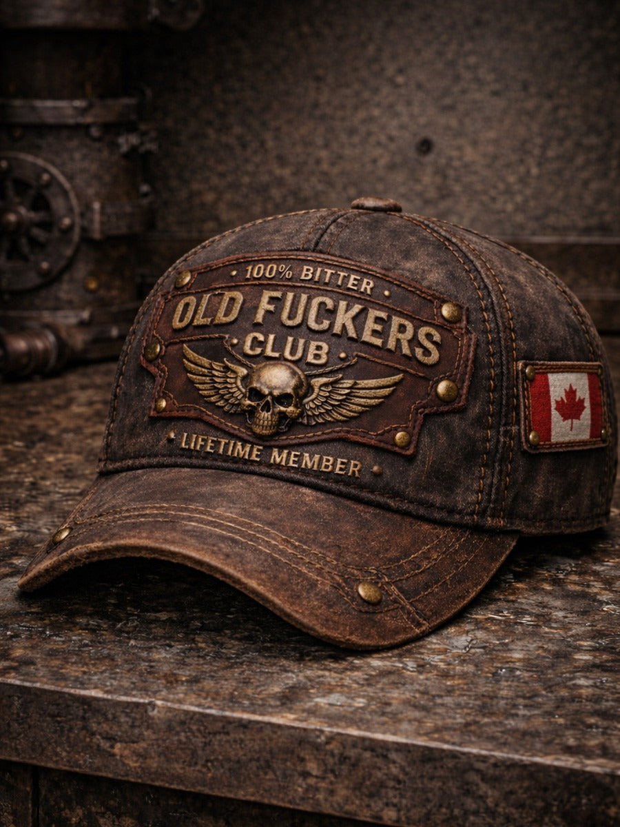 Old Fckers Club Lifetime Member Canada Flag Printed Vintage Dark Grunge Trucker Hat, 100% Bitter Biker Hat
