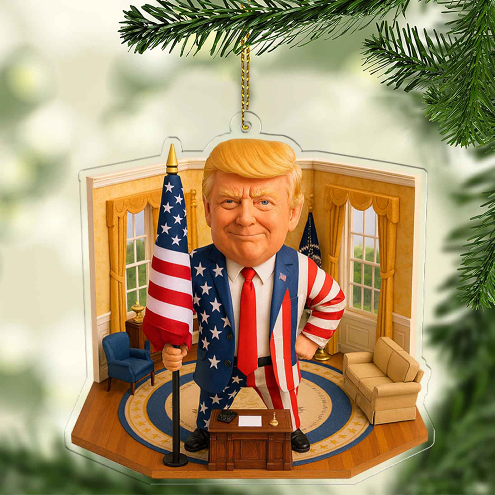 Donald Trump In Patriotic Suit Acrylic Ornament, Funny Xmas Acrylic Keychain, Xmas Decor