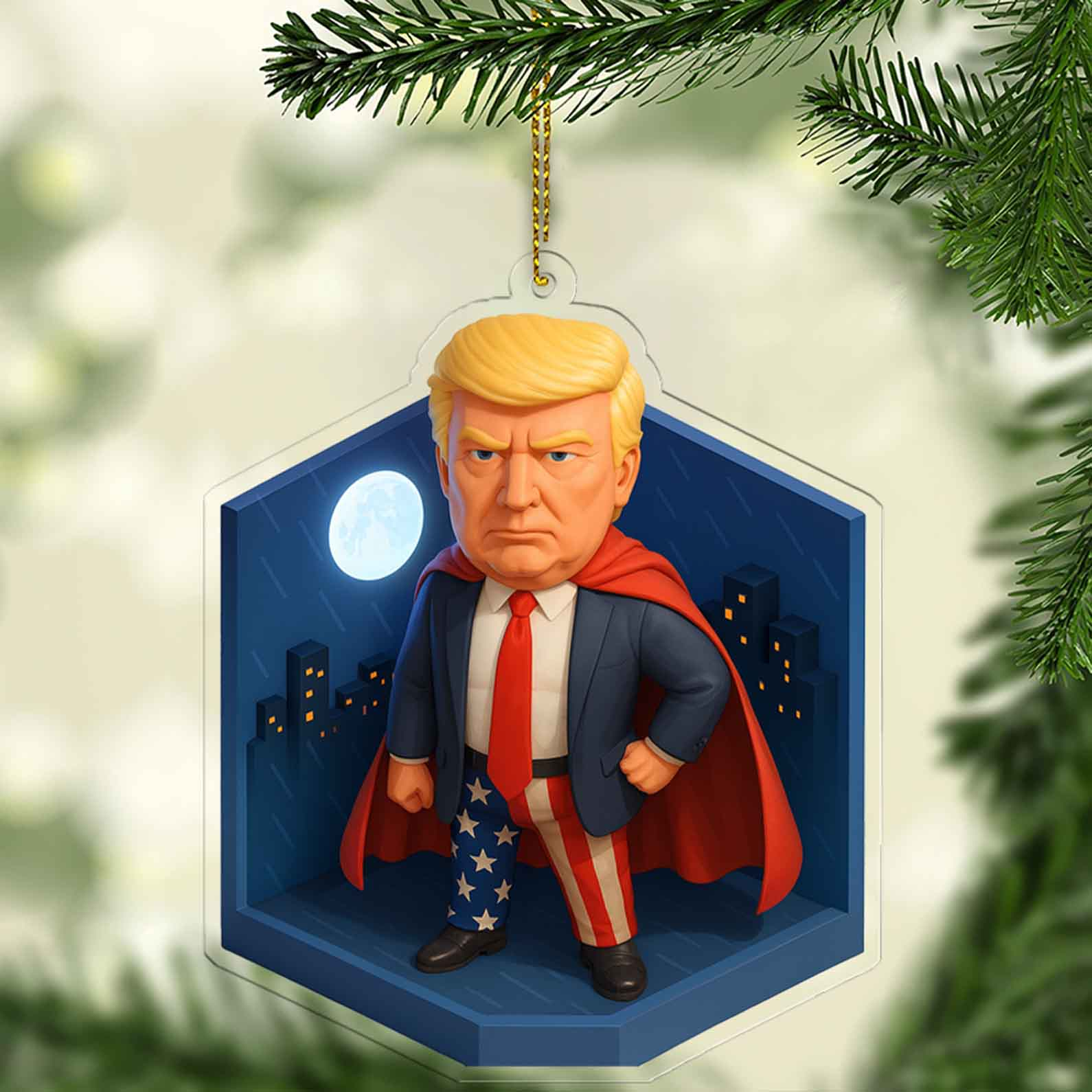 Donald Trump Funny Super Hero Acrylic Ornament, Patriotic Christmas Acrylic Keychain, Funny Xmas Ornaments