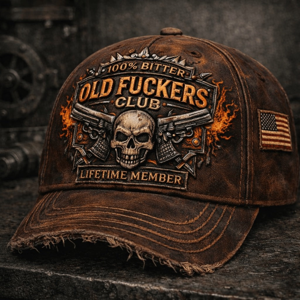 100% Bitter Old Fckers Club Printed Trucker Hat, Skull Vintage Biker Cap, Lifetime Member Vintage Hats