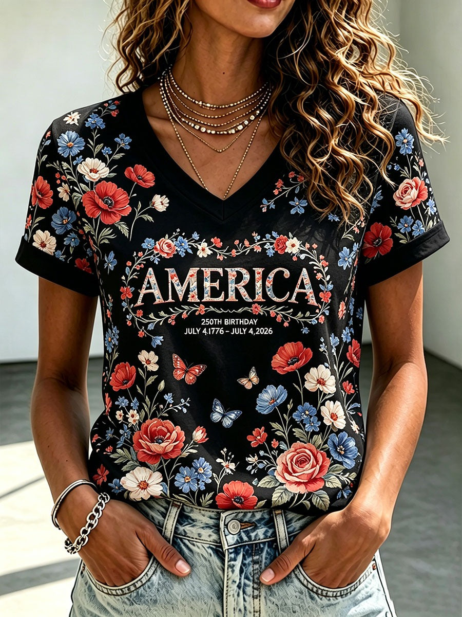 Boho Floral America 250 Shirt for Women, Patriotic Butterfly Garden Design, 4th Of July Shirt