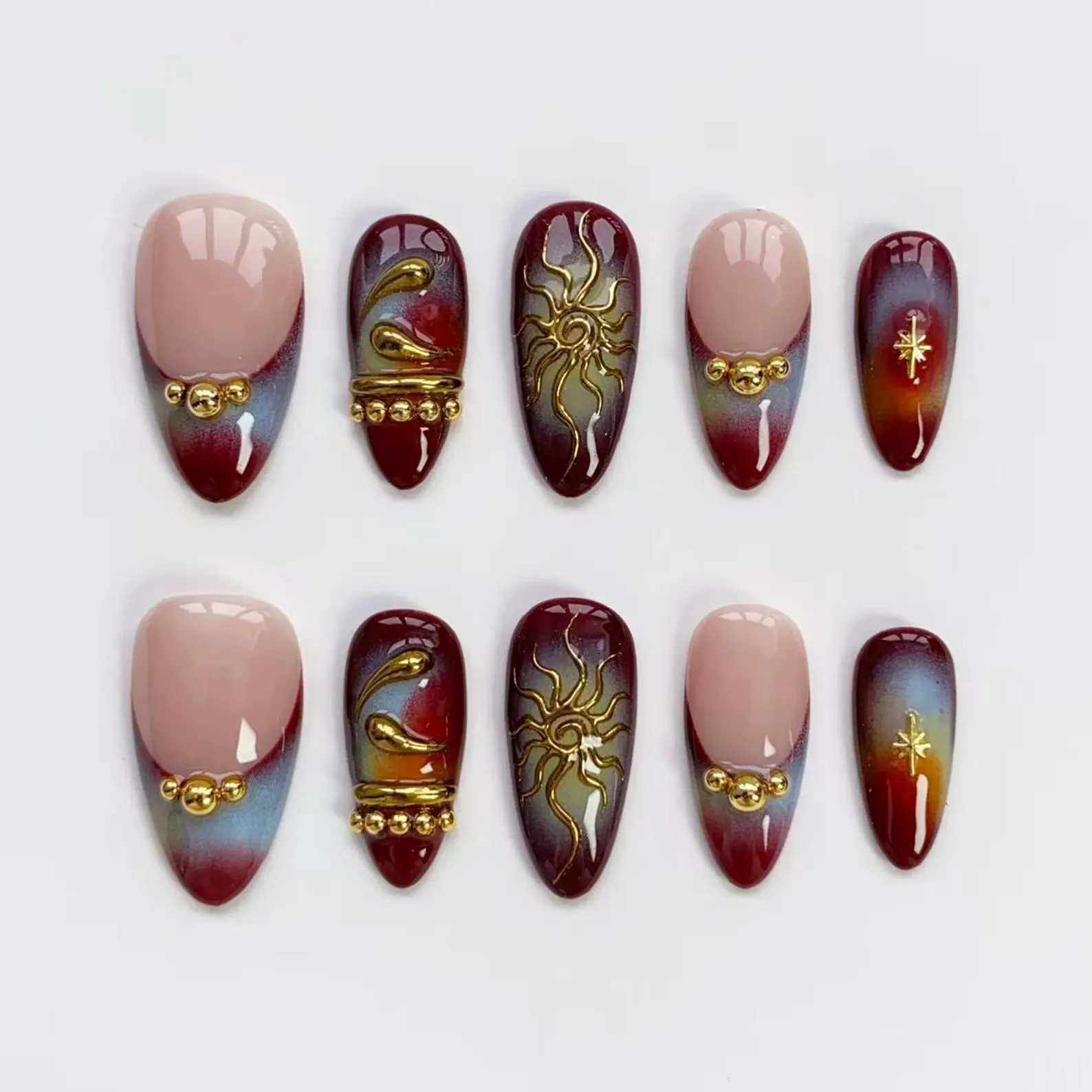 Gold Sun & Star Gradient Luxury Press On Nails, Burgundy Gothic Nail, Aura Resuable Nails