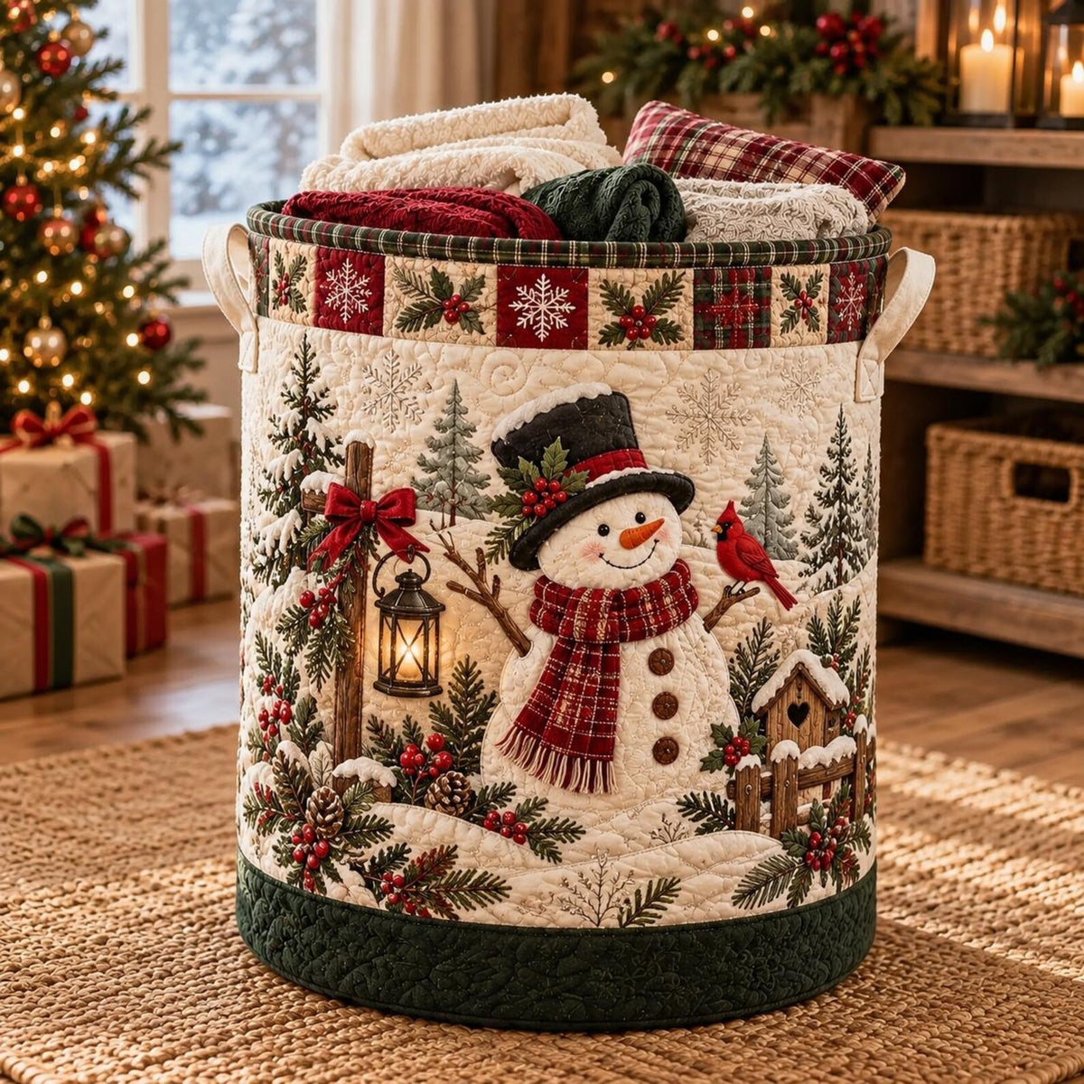 Snowman Cardinal Lantern Christmas Laundry Basket, Laundry Hamper, Clothes Hamper