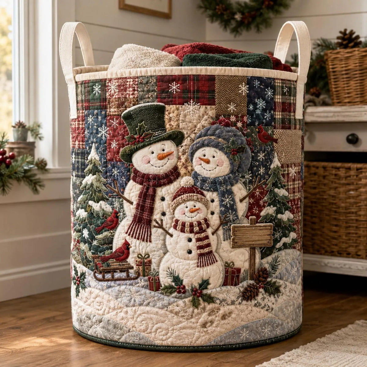 Snowman Family Christmas Laundry Basket, Laundry Hamper Basket, Gift For Mom