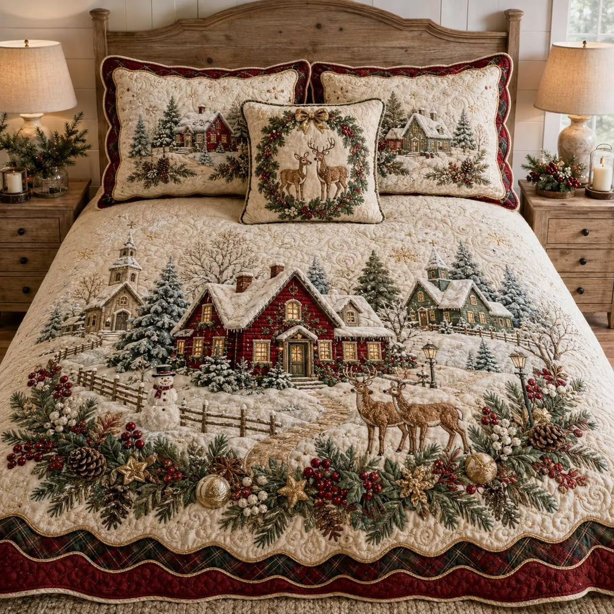 Christmas Village Reindeer Quilt Blanket, Quilted Bedding Set, Holiday Gift For Home