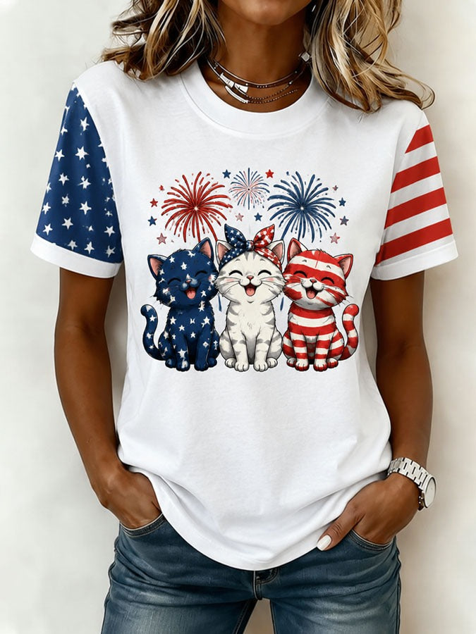 Flag Kittens Printed Casual T-shirt 250th America Shirt, 1776–2026 USA Shirt, 4th Of July Shirt, Patriotic Womens Tee