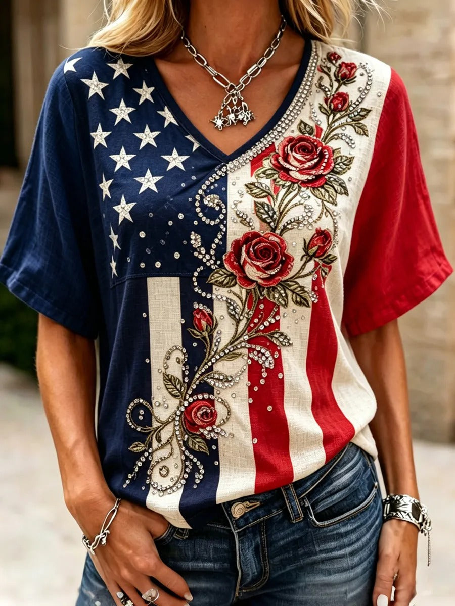 Floral Rose American Flag Stars And Stripes V-Neck T-Shirt, Americana Shirt, Memorial Day Shirt