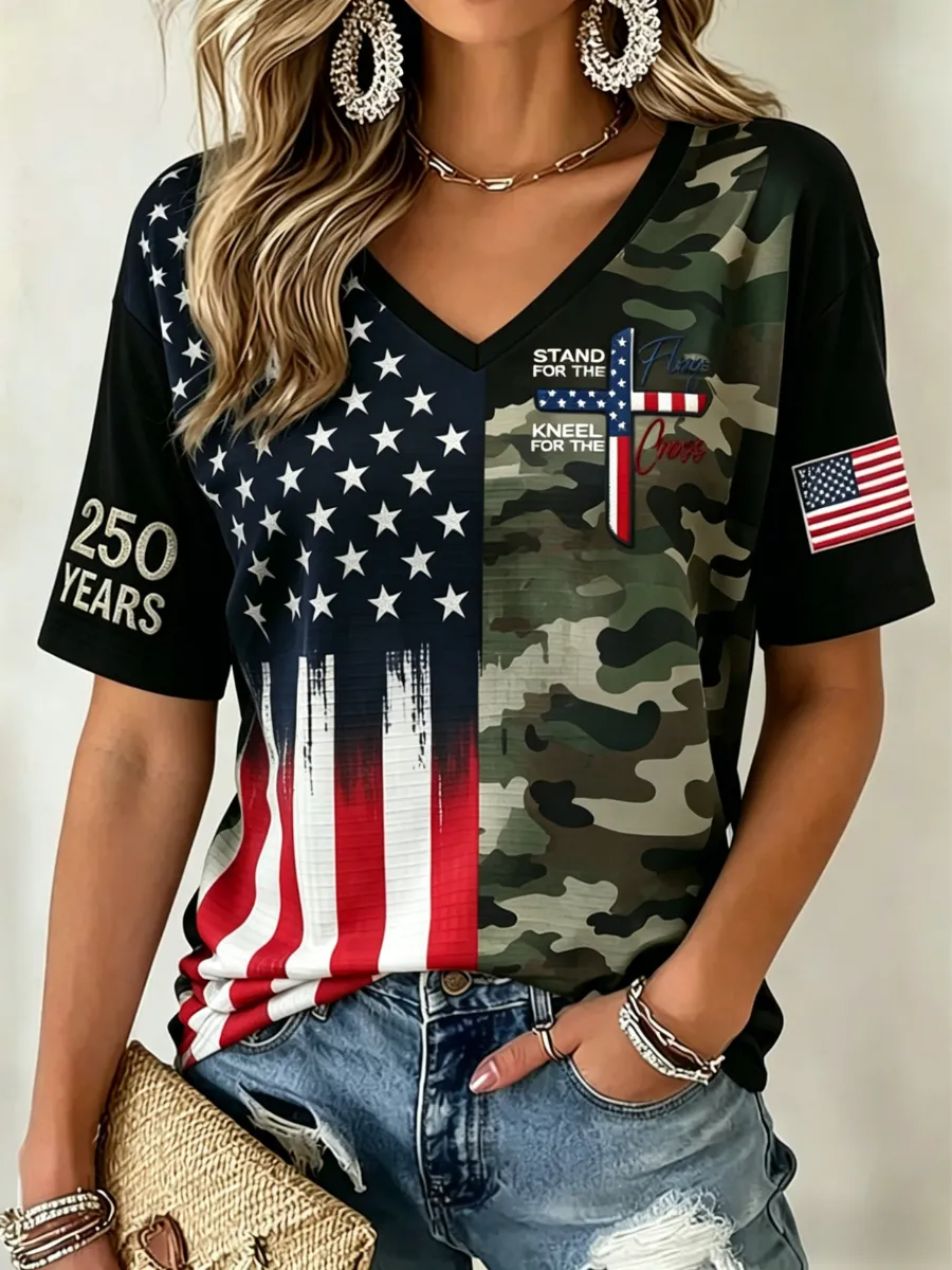 Camo Cross American Flag 250 Years V-Neck T-Shirt, Freedom Shirt, USA Flag Shirt